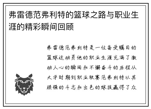 弗雷德范弗利特的篮球之路与职业生涯的精彩瞬间回顾